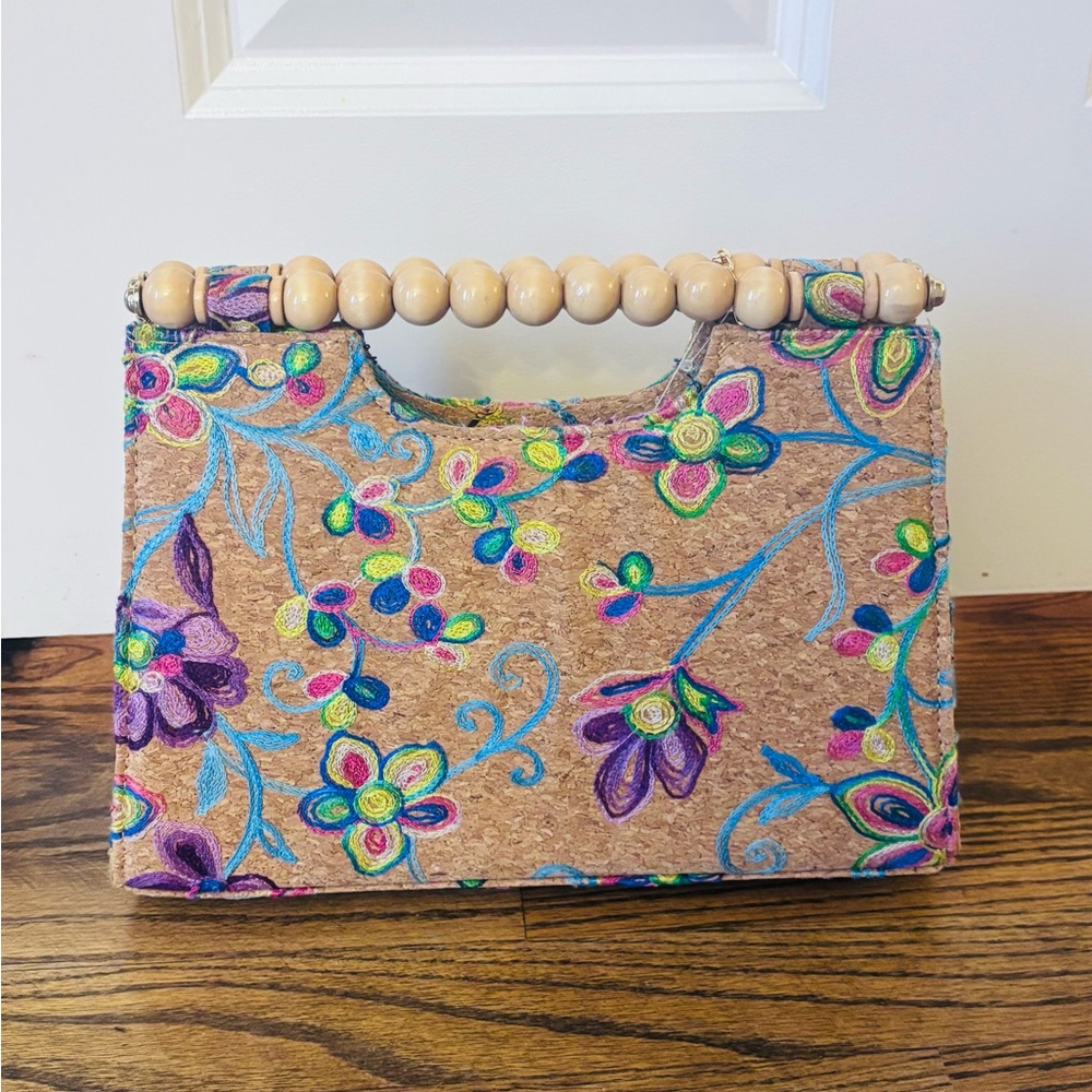 Haute Hippie Floral Embroidered Cork Handbag